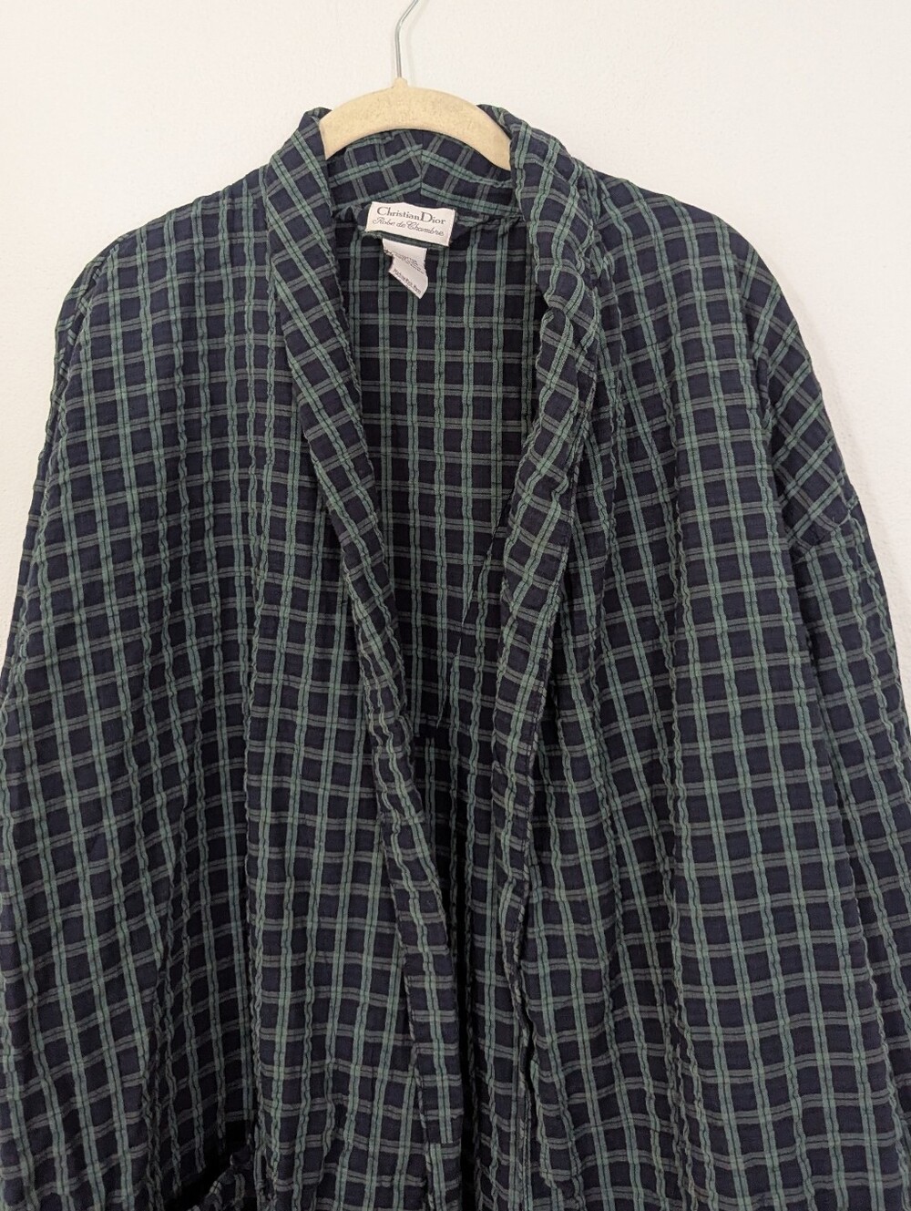 Vintage Christian Dior Robe De Chambre Plaid Robe Cotton Green Blue One Size - Picture 2 of 8